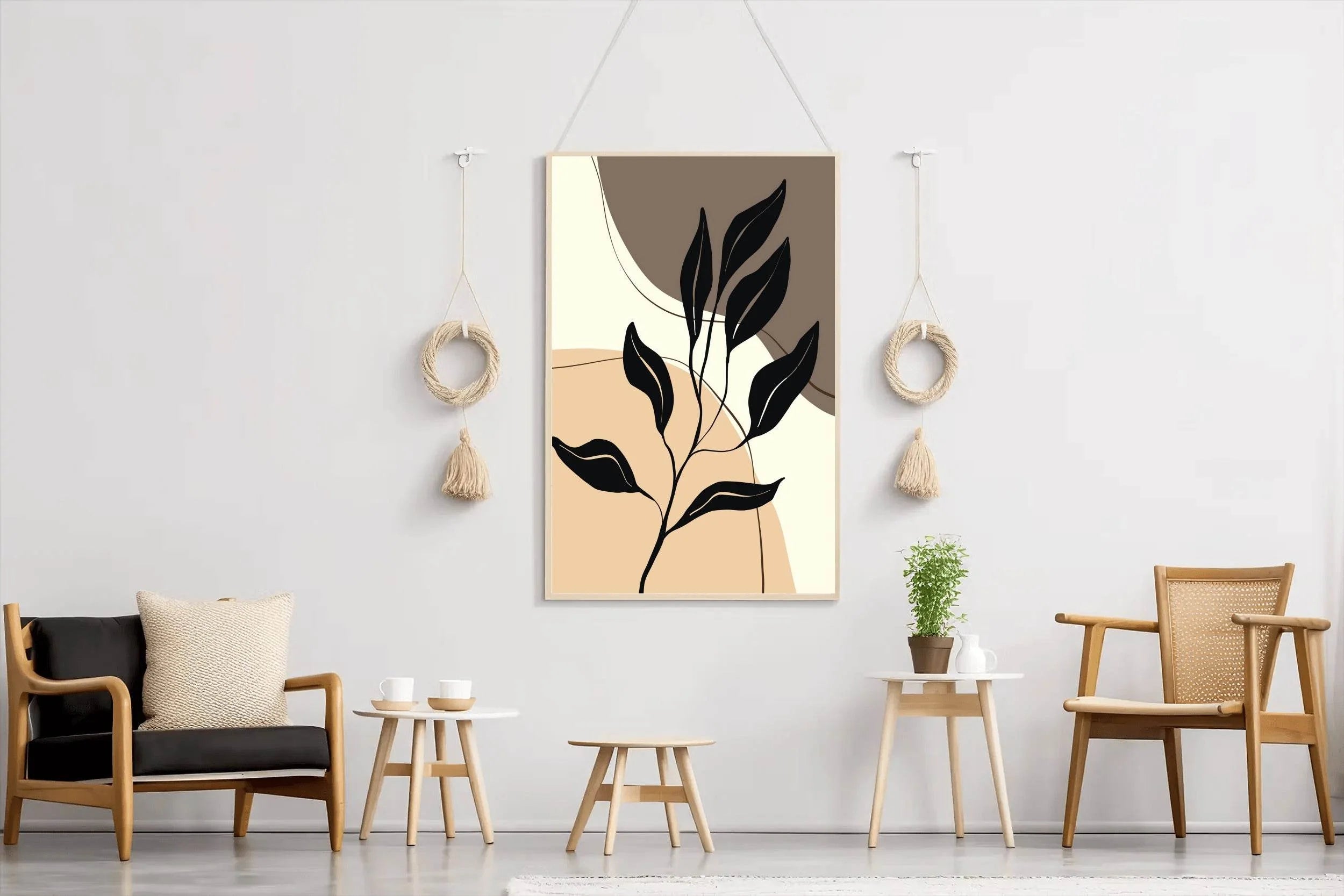 Black Leaves on a Stylized Foliage in Beige tones ArtWork - beink online art store