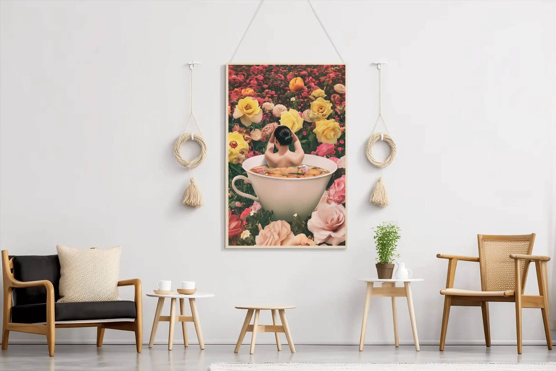 Woman in Tea Cup With Flower Background Wall Art - beink online art store