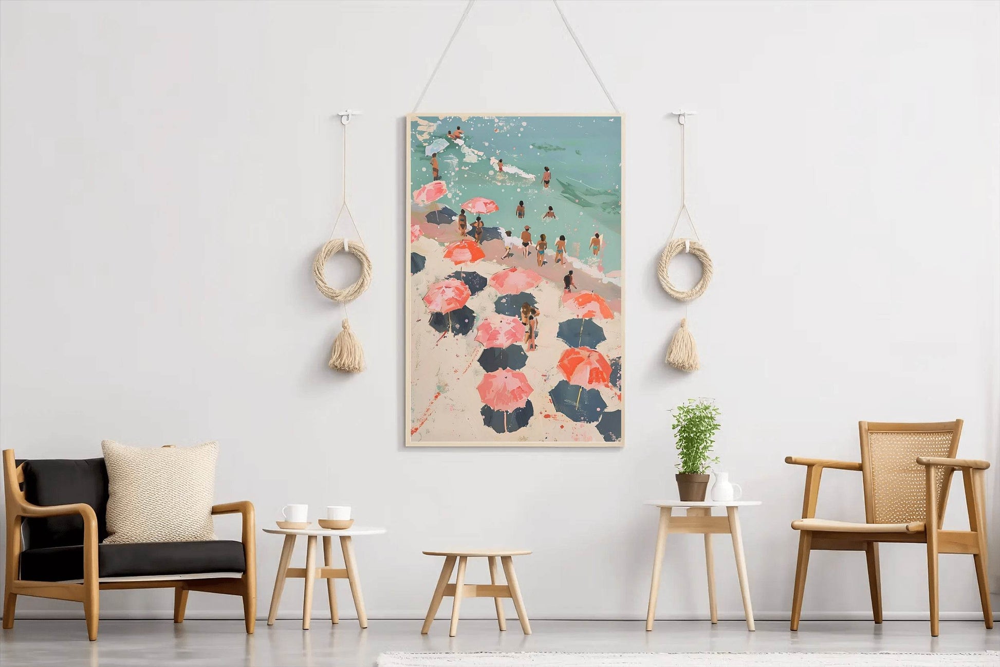 Painting People On The Beach With Umbrellas Wall Art - beink online art store