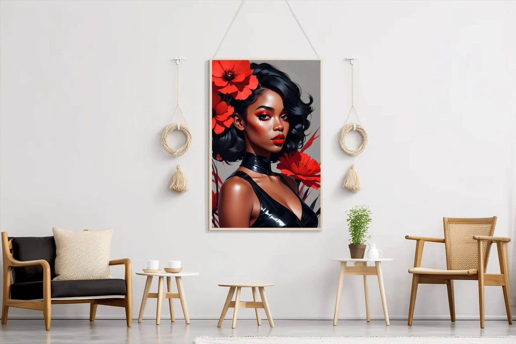 Abstract Style Anime Art of Black Girl with Red Flower Wall Art - beink online art store