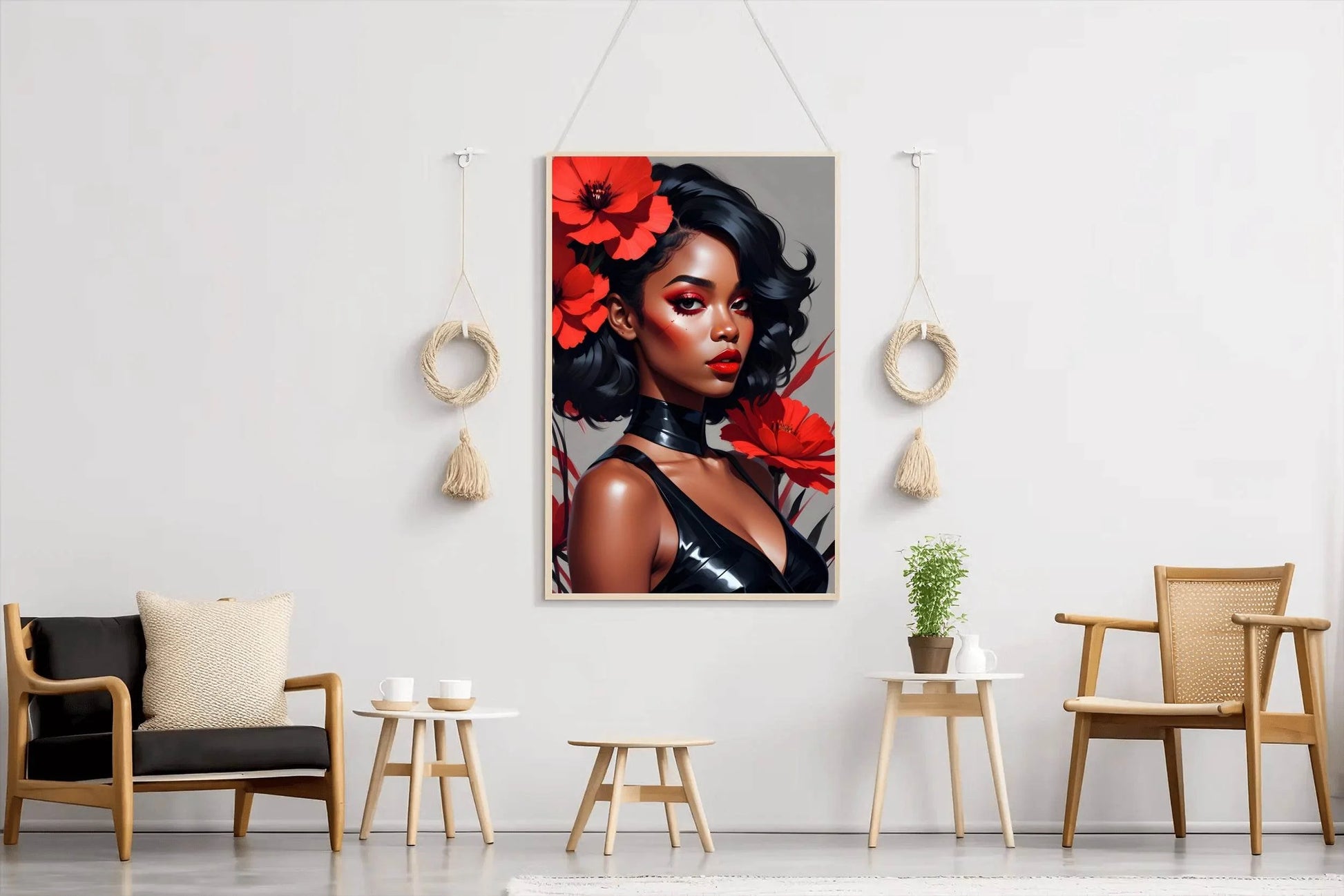 Abstract Style Anime Art of Black Girl with Red Flower Wall Art - beink online art store