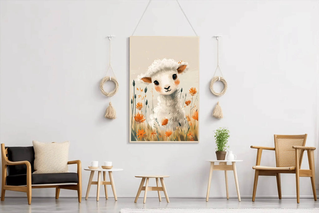 Painting of White Lamb With Flowers - beink online art store