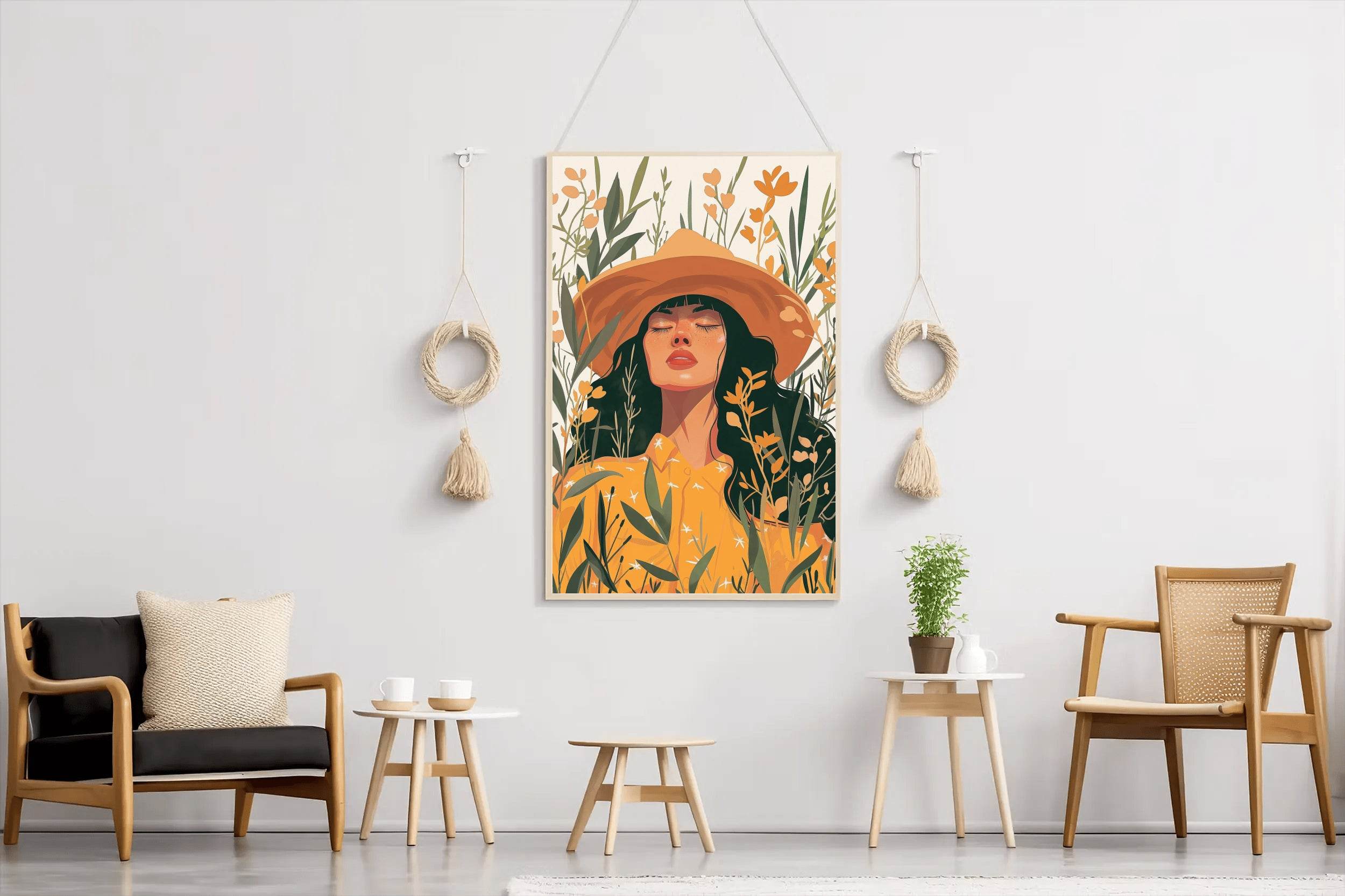 Woman in Yellow Dress and Hat in a Tropical Forest Eyes closed ArtWork - beink online art store