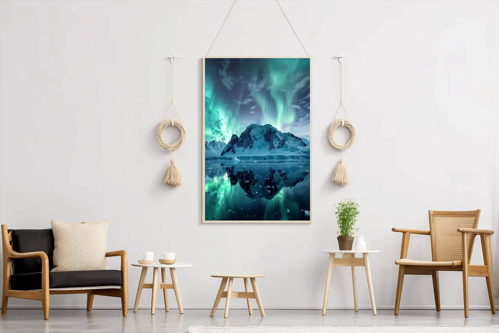 Green Northern lights in the Sky Over Snow Mountain Wall Art - beink online art store