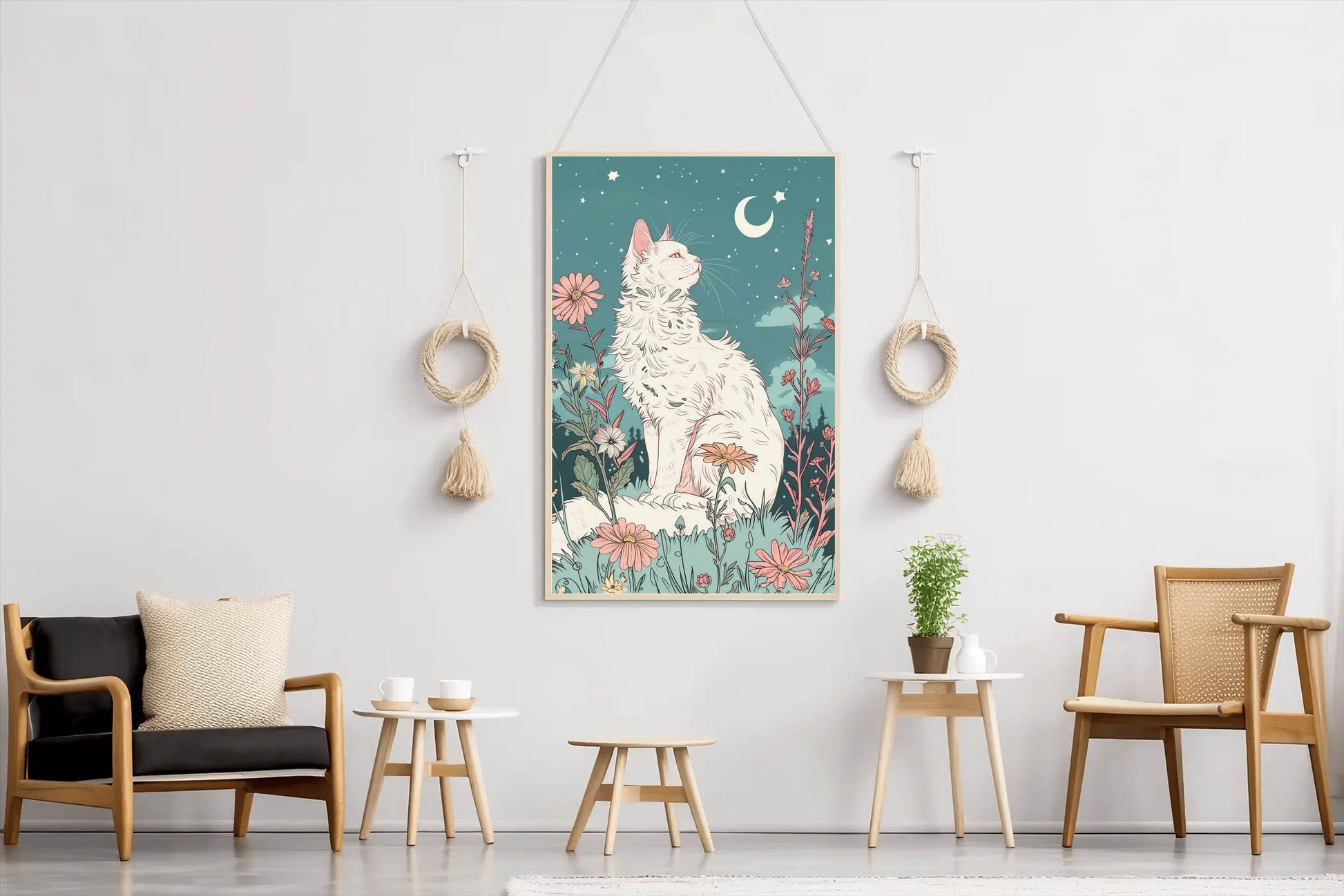 Painting of White Cat Watching the Moon - beink online art store