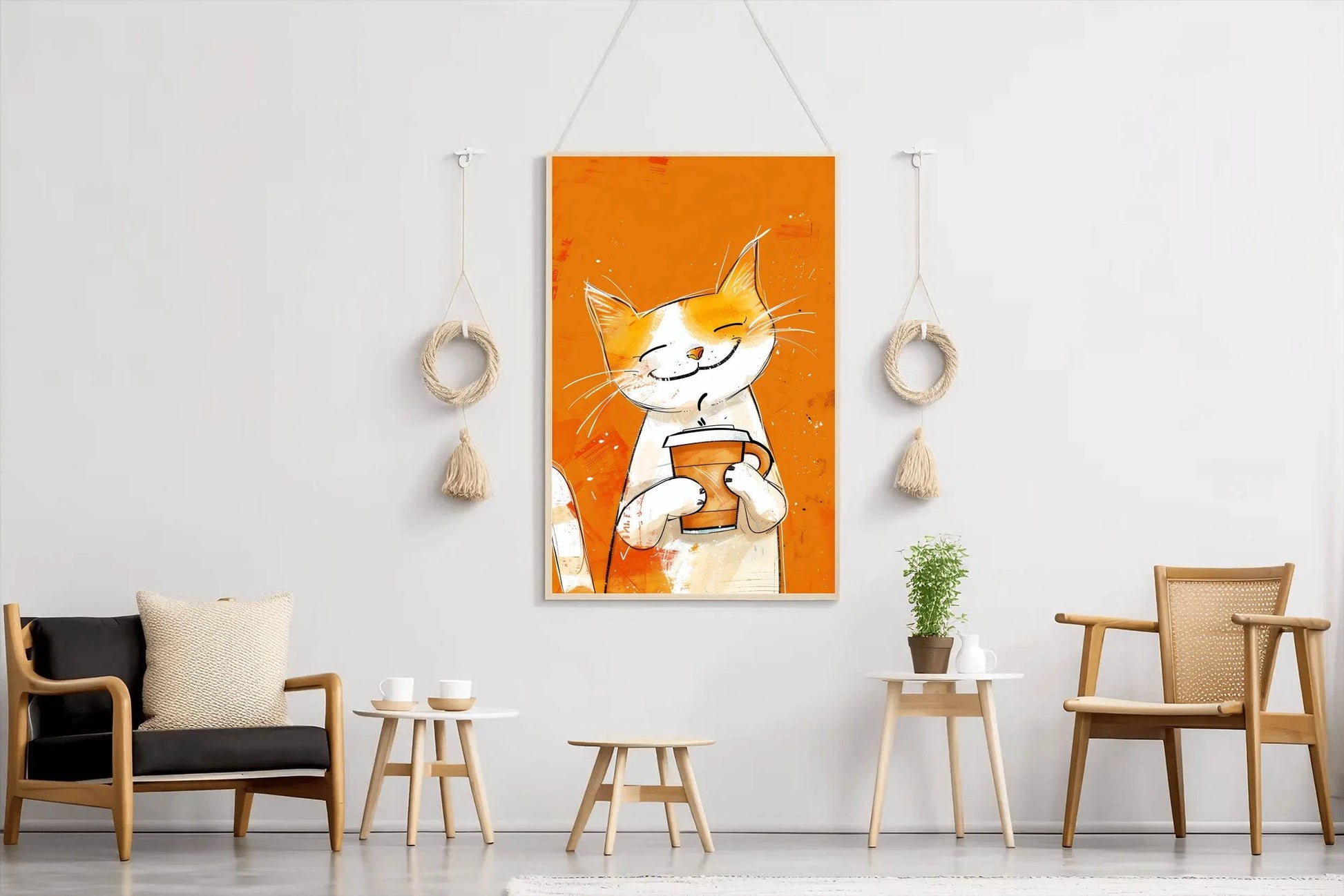 Painting of Cute Smiling Cat Holding Cup - beink online art store
