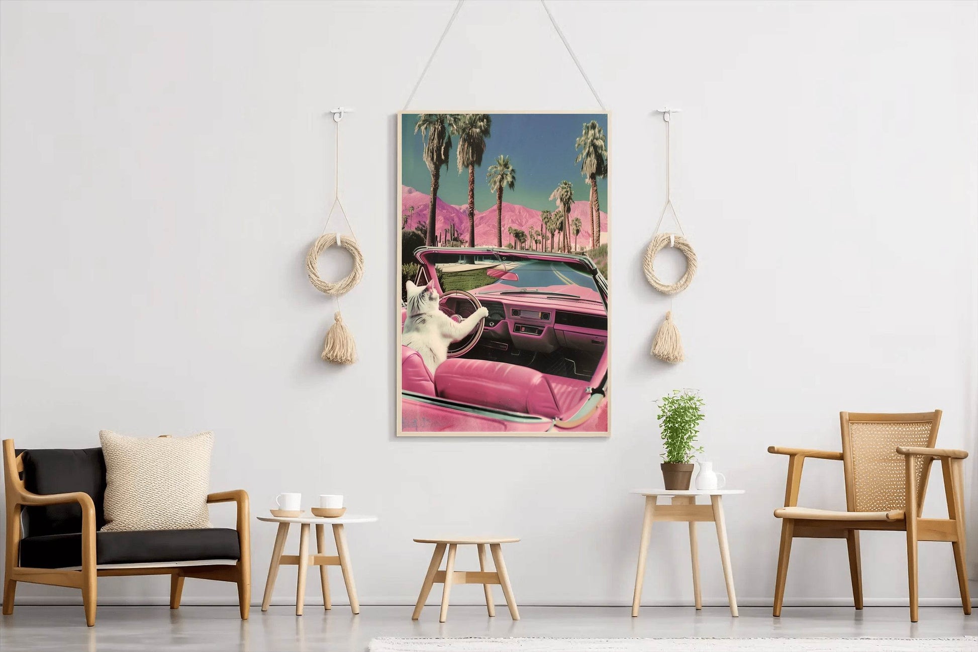 Cat Driving A Pink Car Wall Art - beink online art store