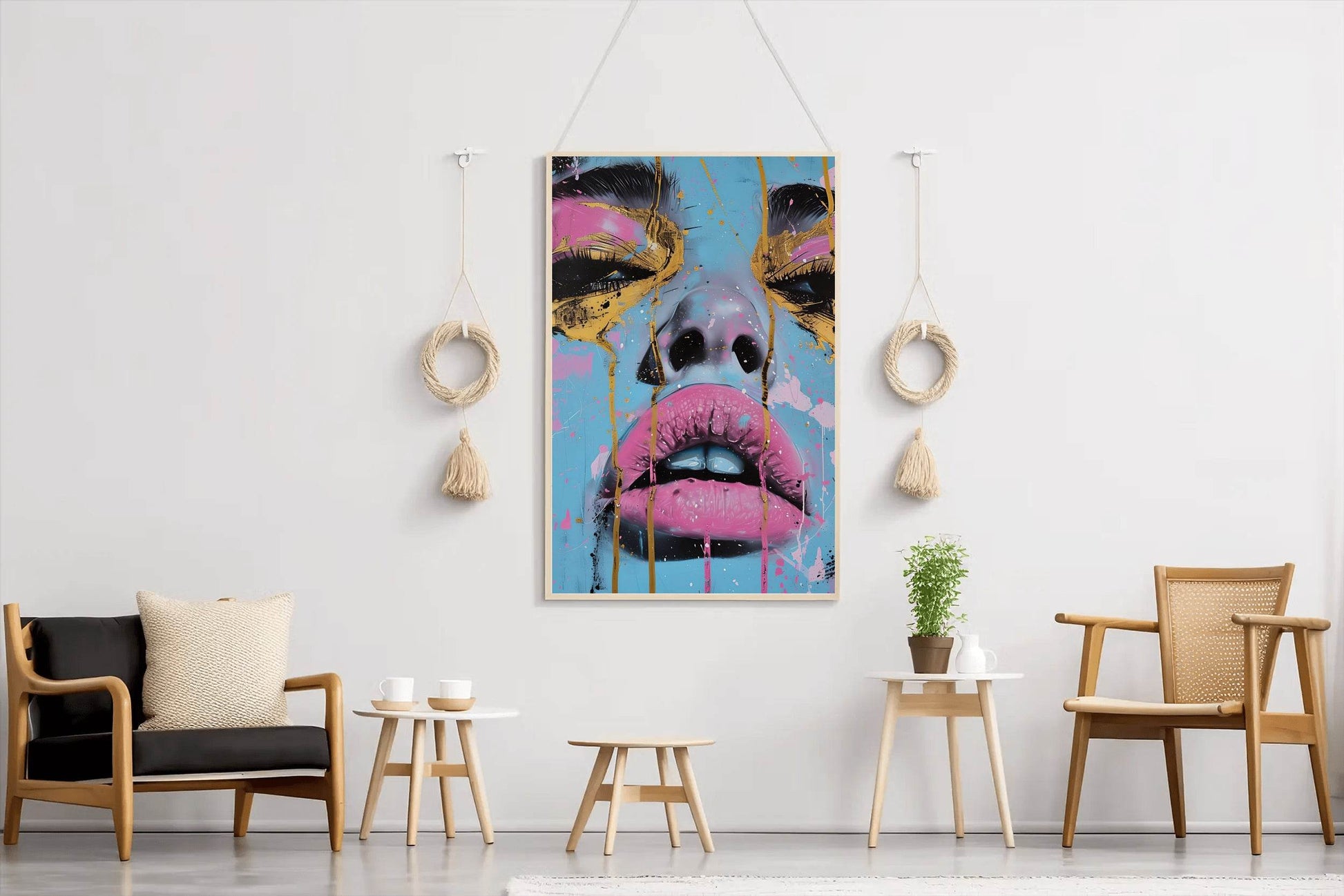 Painting of a Woman with a Tear Drop on her Face with Pink and Gold Wall Art - beink online art store