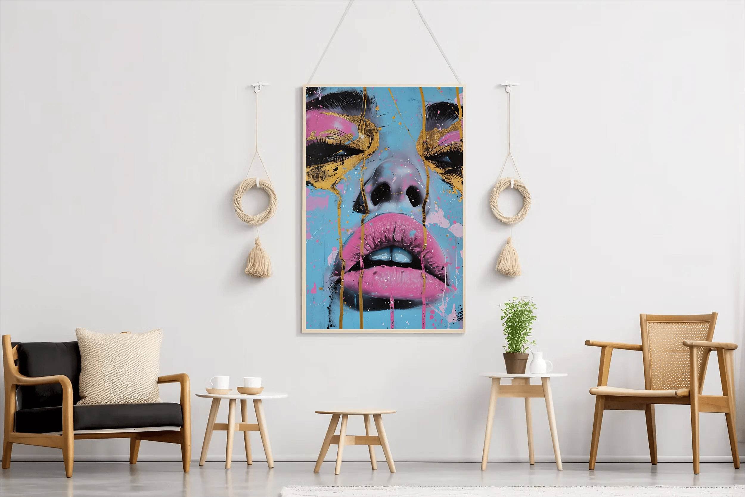 Painting of a Woman with a Tear Drop on her Face with Pink and Gold Wall Art - beink online art store