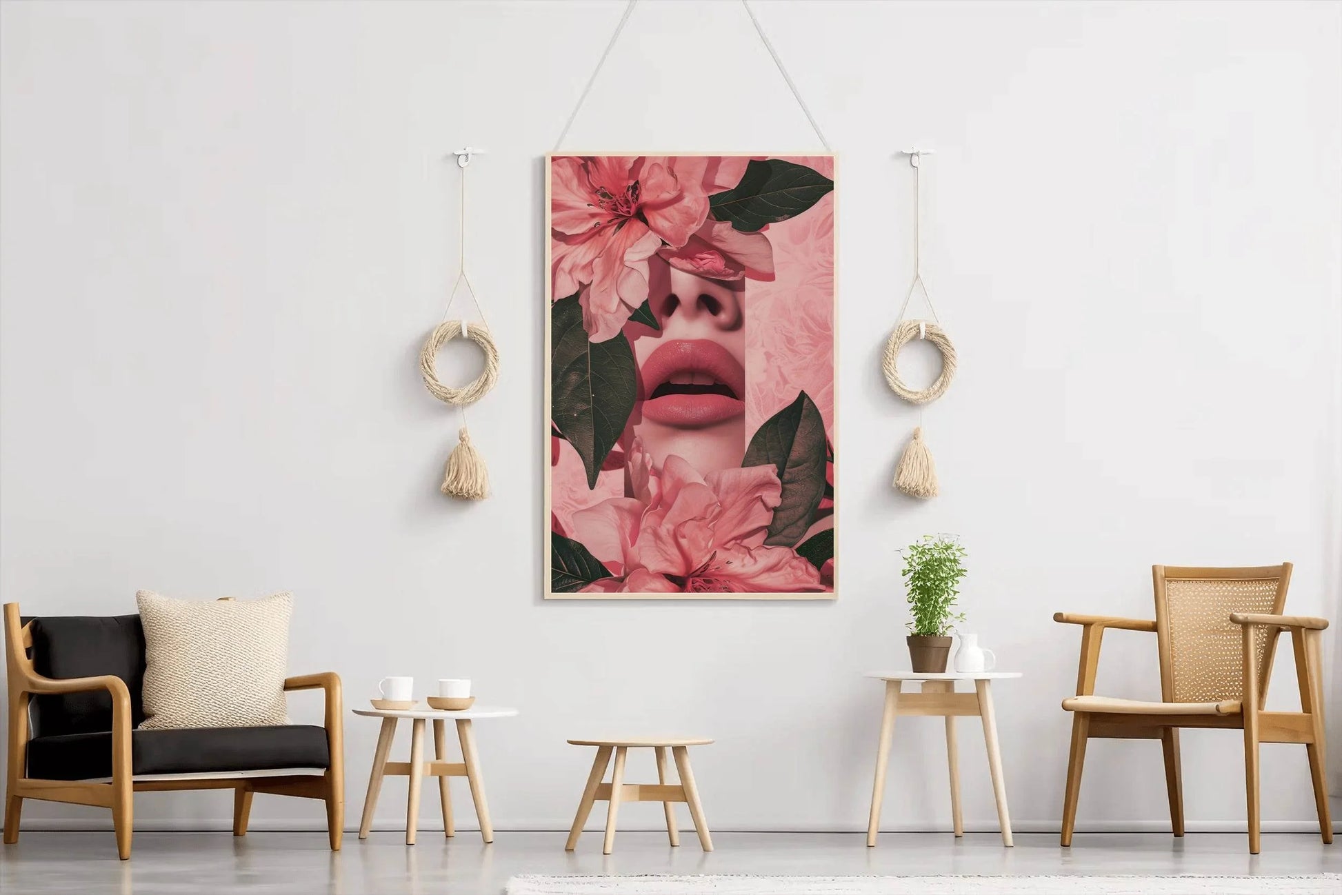 Woman's Face Partially Covered With Pink Flowers - beink online art store
