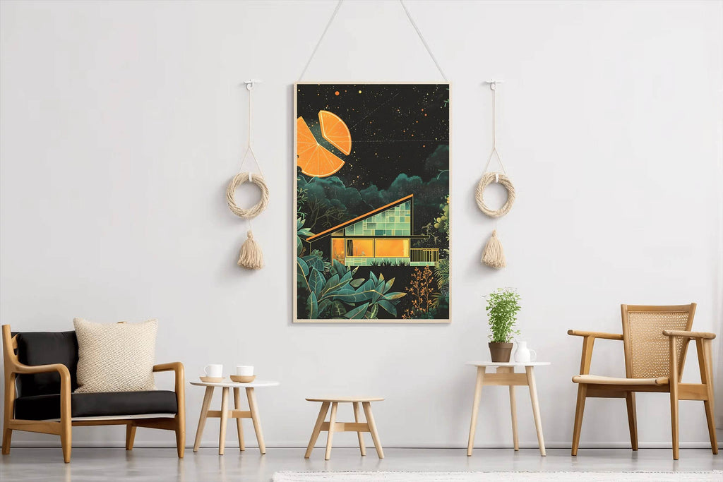 Drawing of A Wooden Hut With A Cut Background of Oranges Wall Art - beink online art store