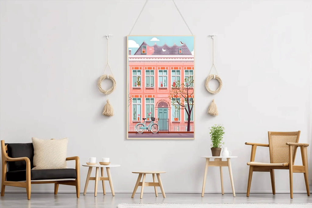 Illustration of Pink House and a Bicycle - beink online art store