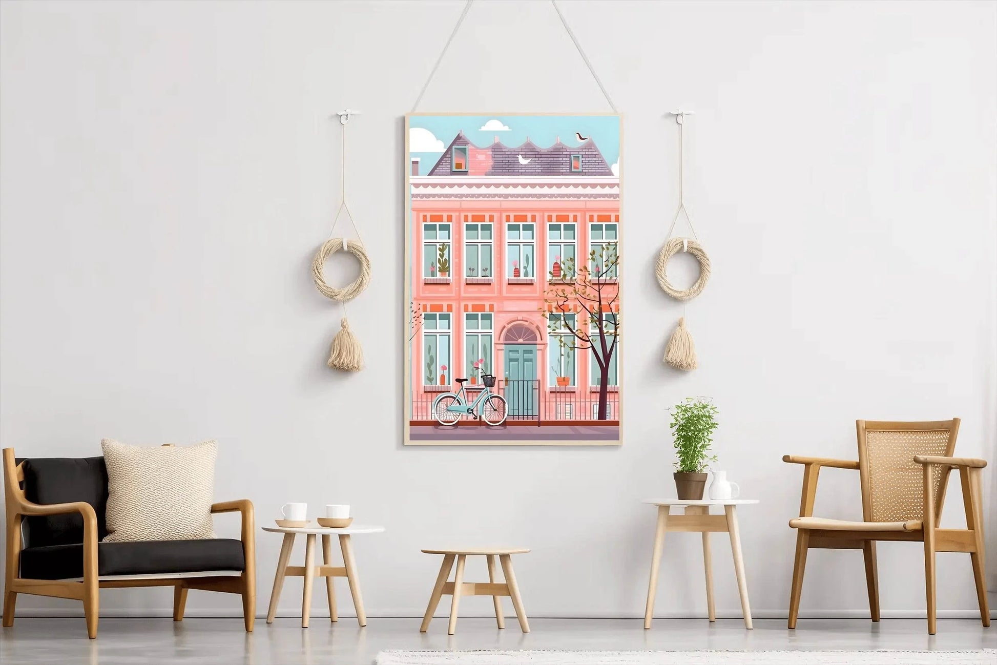 Illustration of Pink House and a Bicycle - beink online art store
