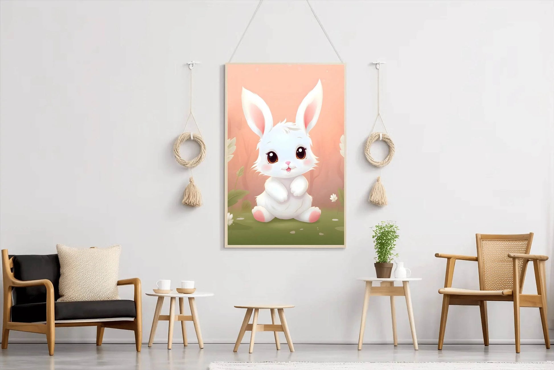 Cute Little White Cartoon Bunny Sitting on the Grass - beink online art store