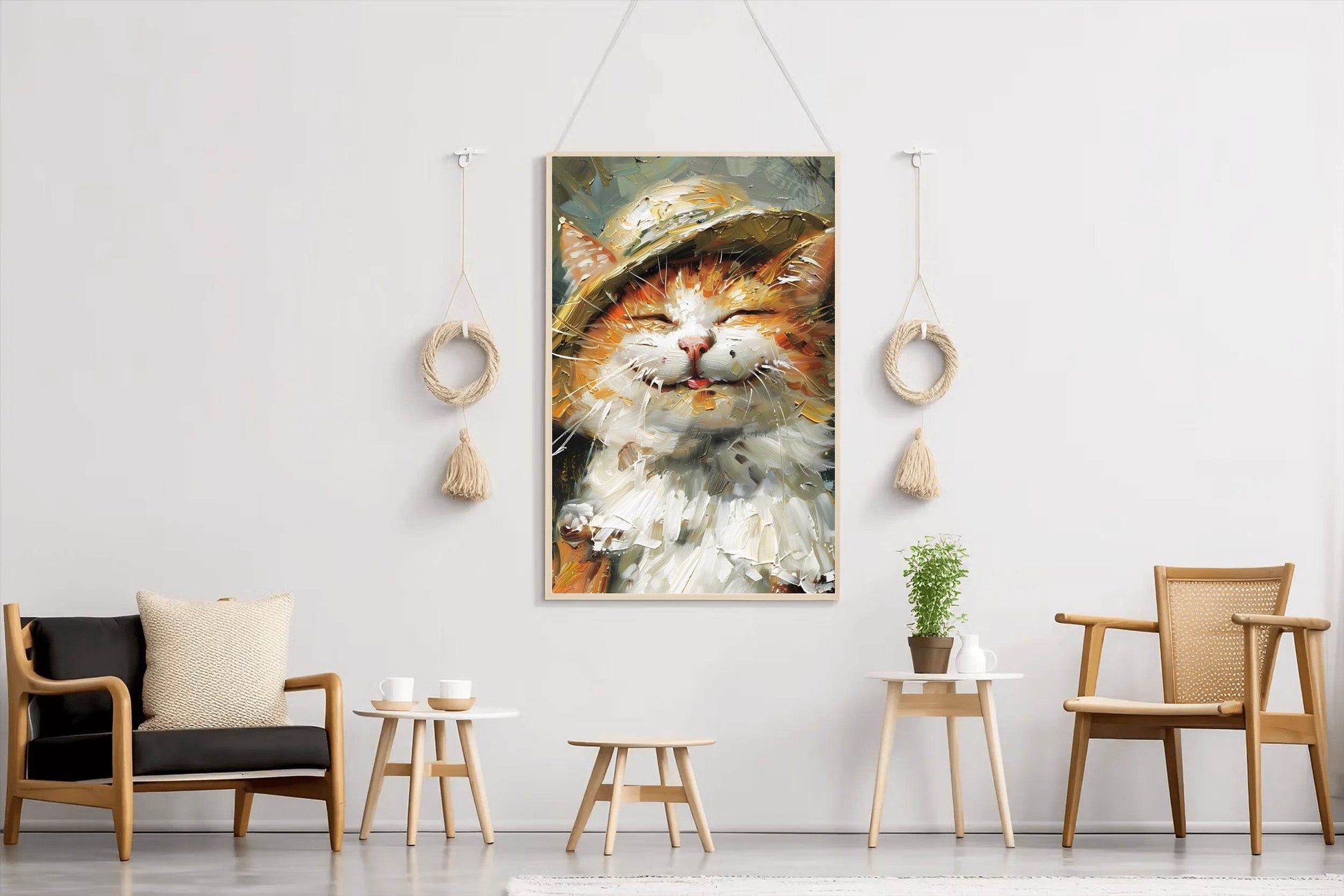 Slashed Oil Painting of Cat Wearing Hat - beink online art store