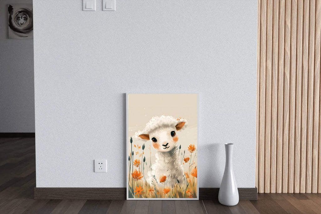 Painting of White Lamb With Flowers - beink online art store