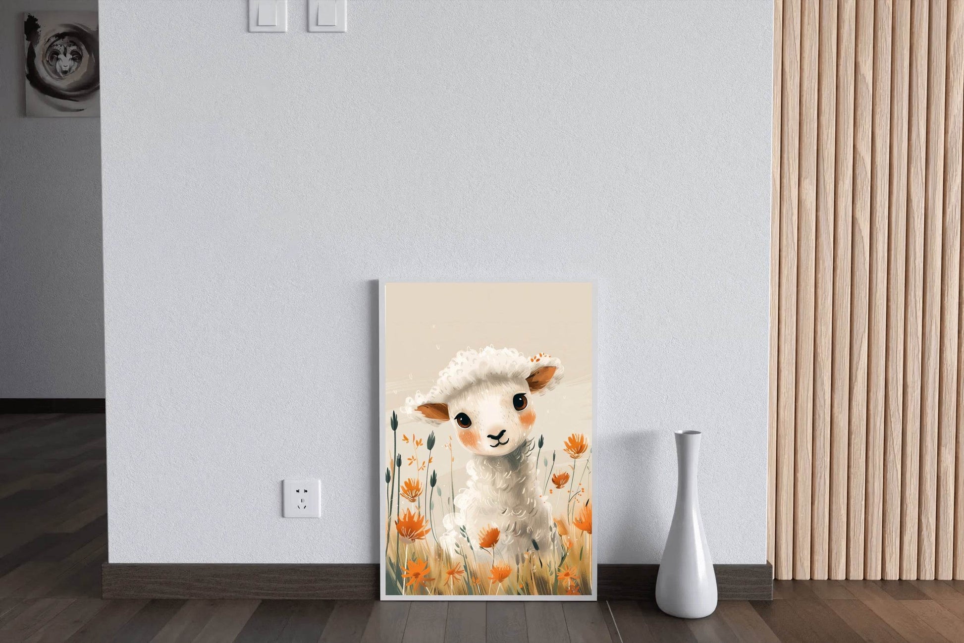 Painting of White Lamb With Flowers - beink online art store
