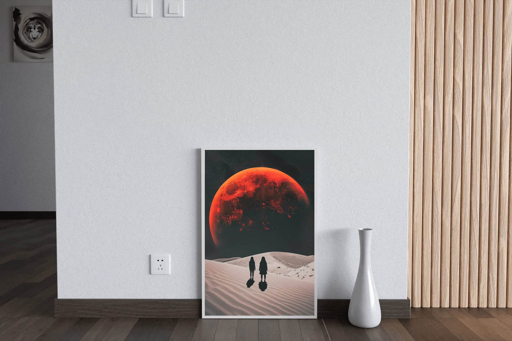Desolate monochrome wasteland with red moon, solar eclipse at night wall art - beink online art store