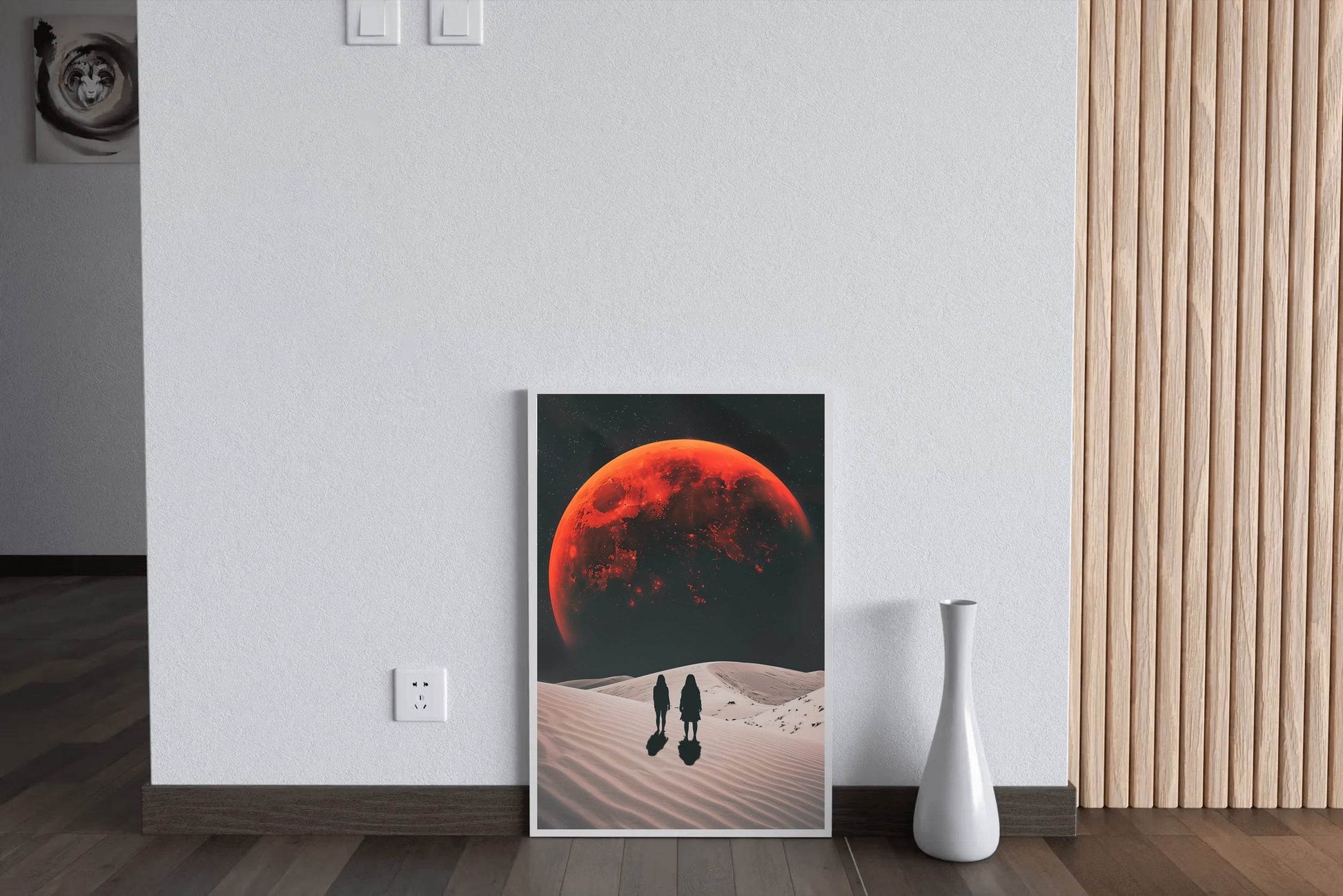 Desolate monochrome wasteland with red moon, solar eclipse at night wall art - beink online art store