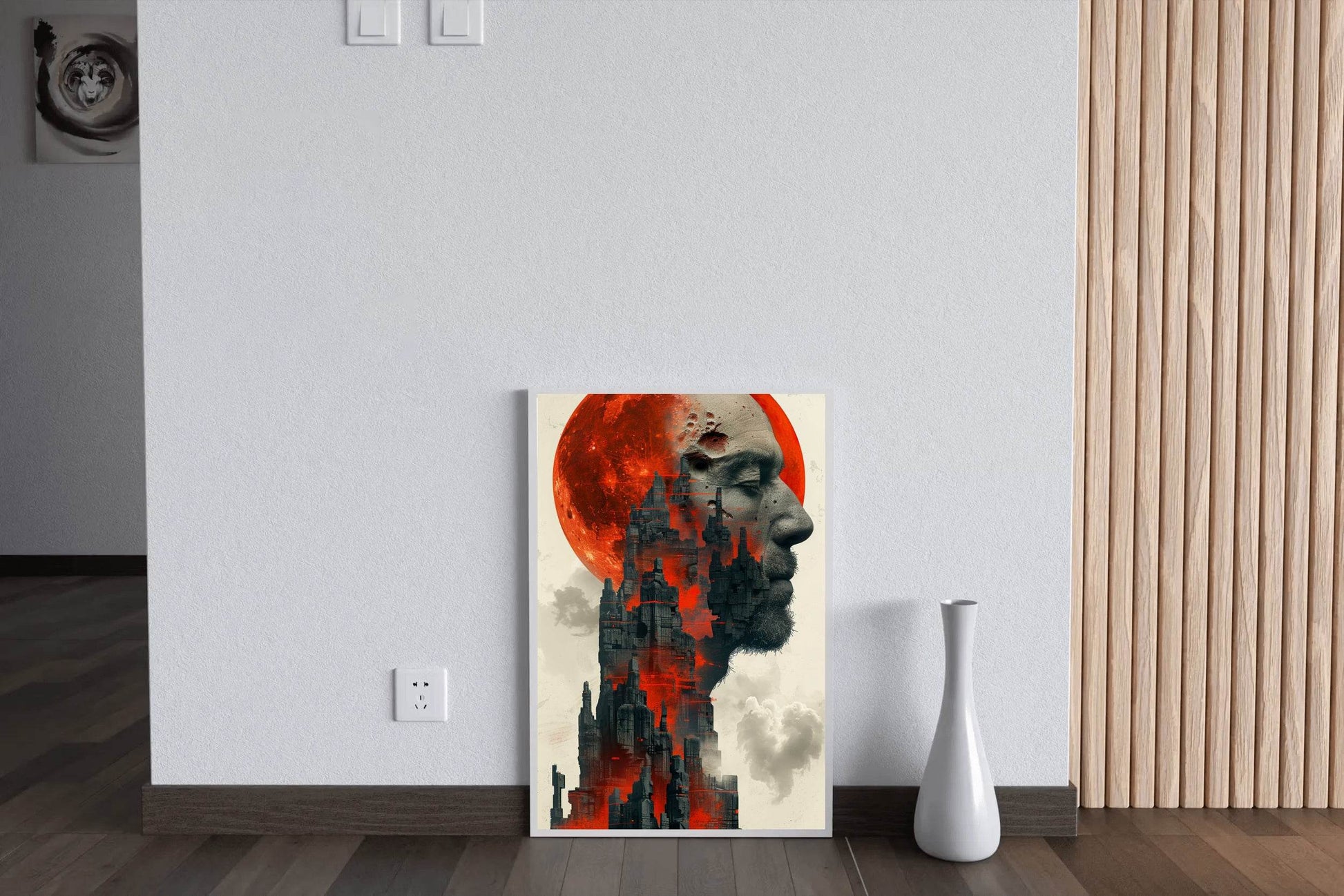 Gothic Cityscape With Face and Red Moon Digital Art - beink online art store