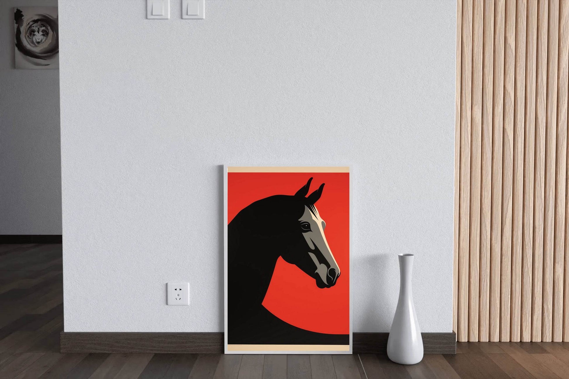 Black Horse Painted Drawing With Red Background - beink online art store