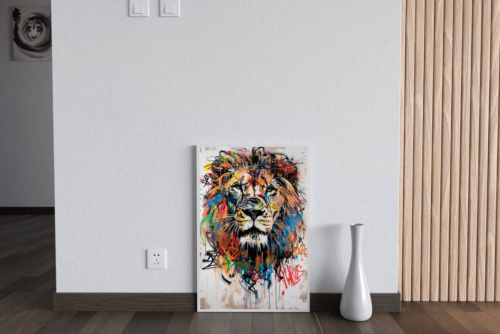 Painting of a Lion With Colorful Paint Wall Art - beink online art store