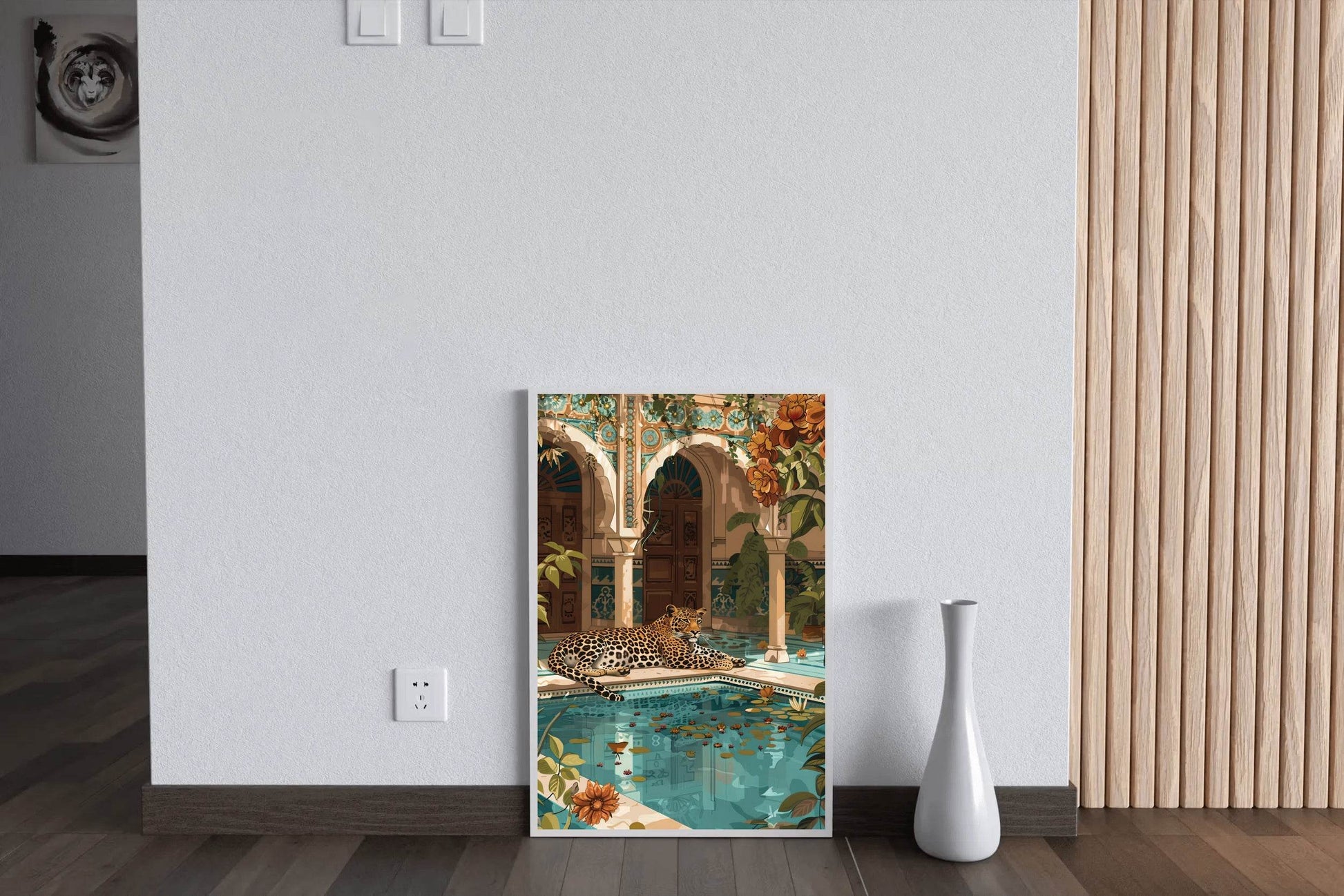 Painting of Tiger Sitting Near Blue Water Pool - beink online art store
