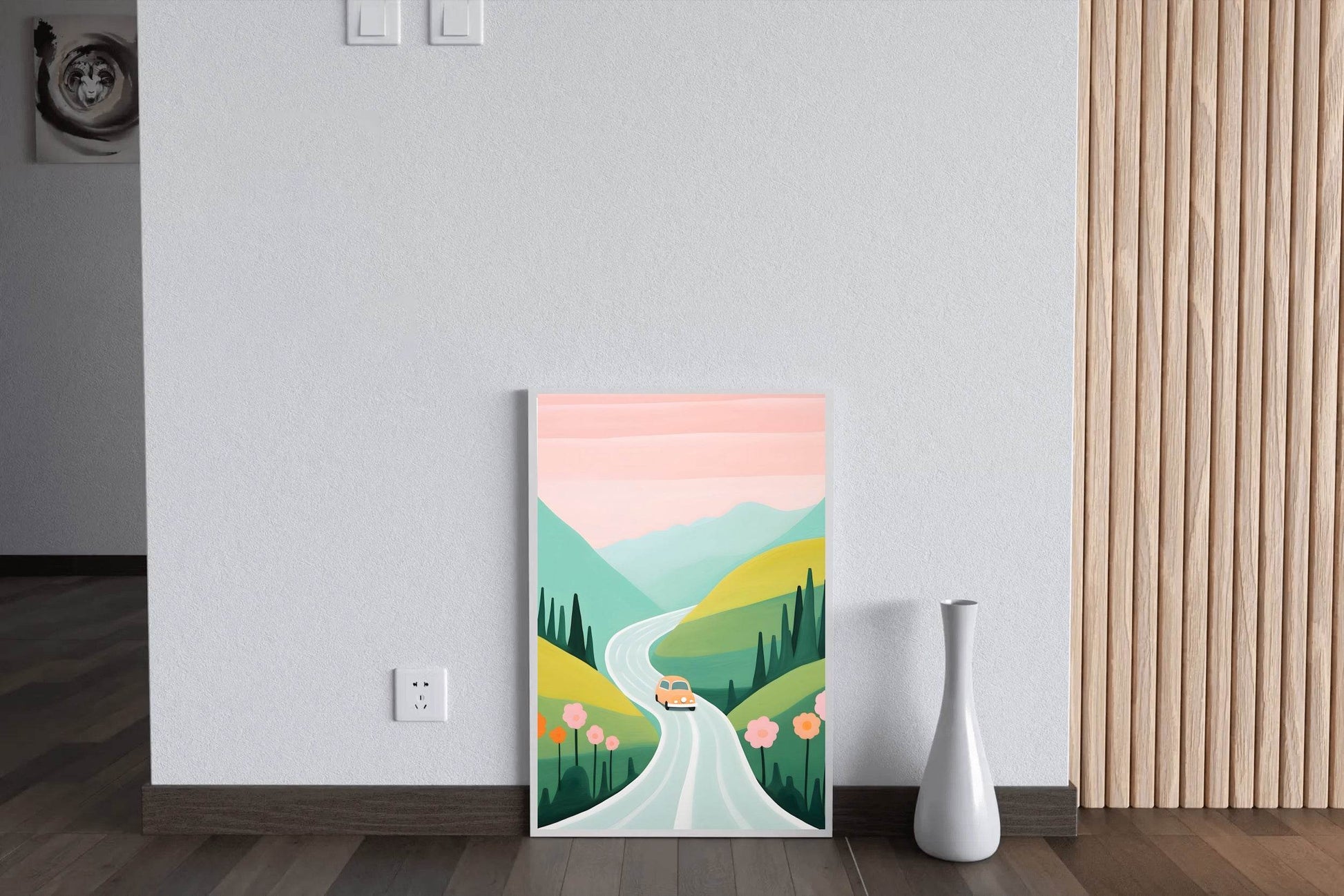 Painting of Pink Car Passing Through the Green Meadows - beink online art store