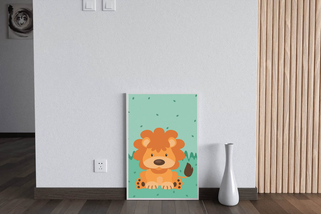 Cartoonish Little Lion Sitting on Grass - beink online art store