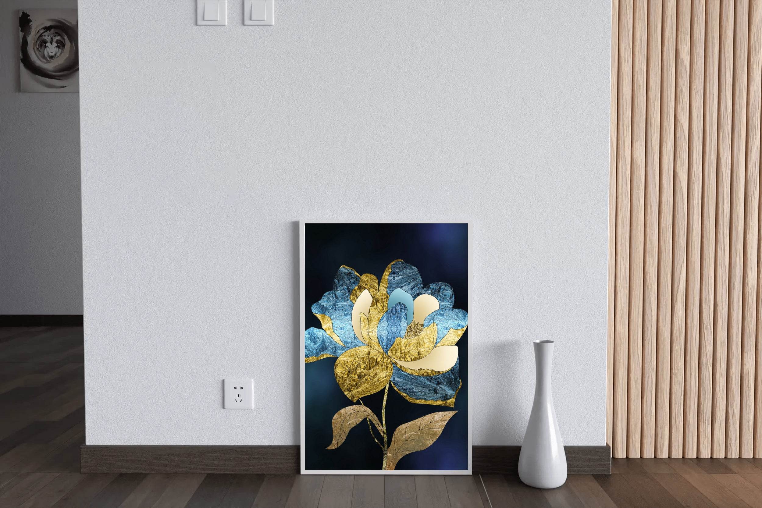 Golden and Blue Flower Modern Wall Art - beink online art store