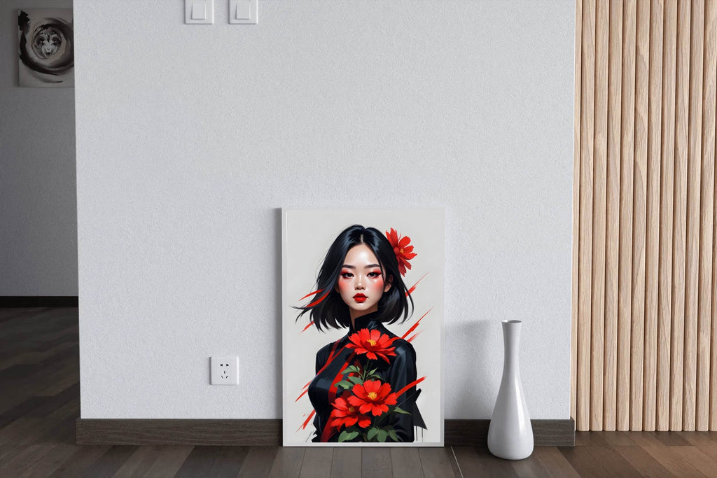 Asian Style lady with Red Flower Wall Art - beink online art store