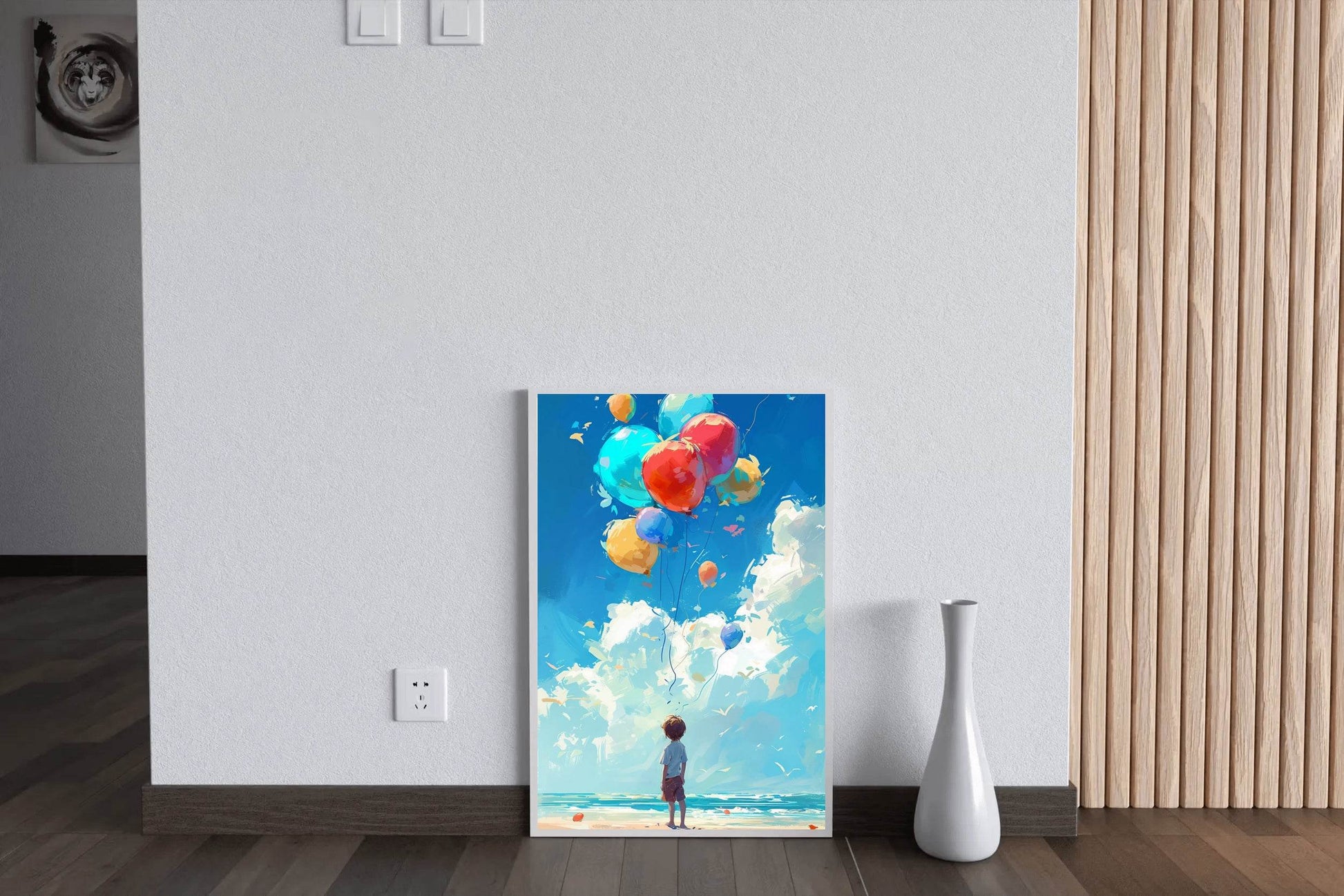 Painting of a Boy Standing Near Sea With Balloons - beink online art store
