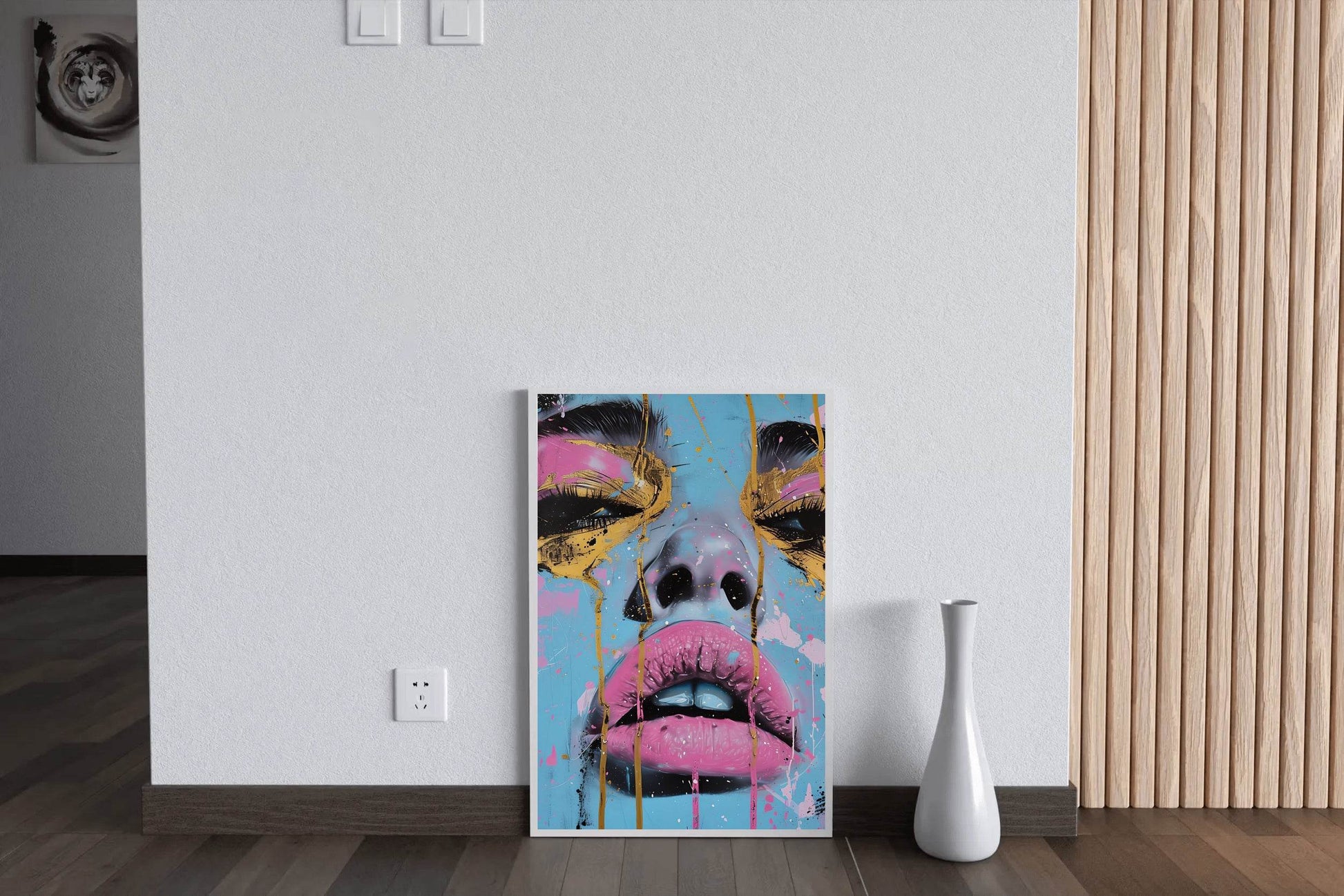 Painting of a Woman with a Tear Drop on her Face with Pink and Gold Wall Art - beink online art store