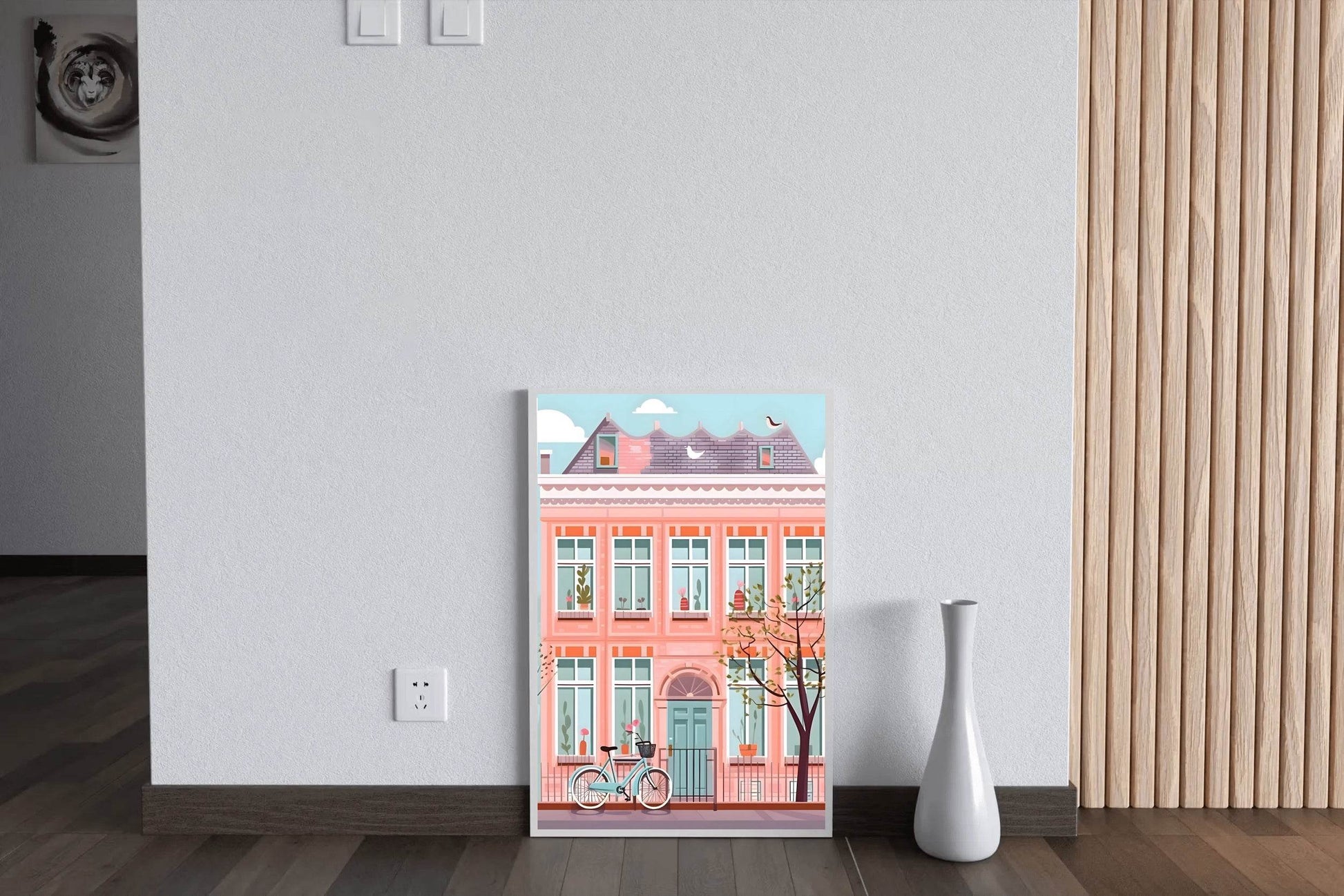 Illustration of Pink House and a Bicycle - beink online art store