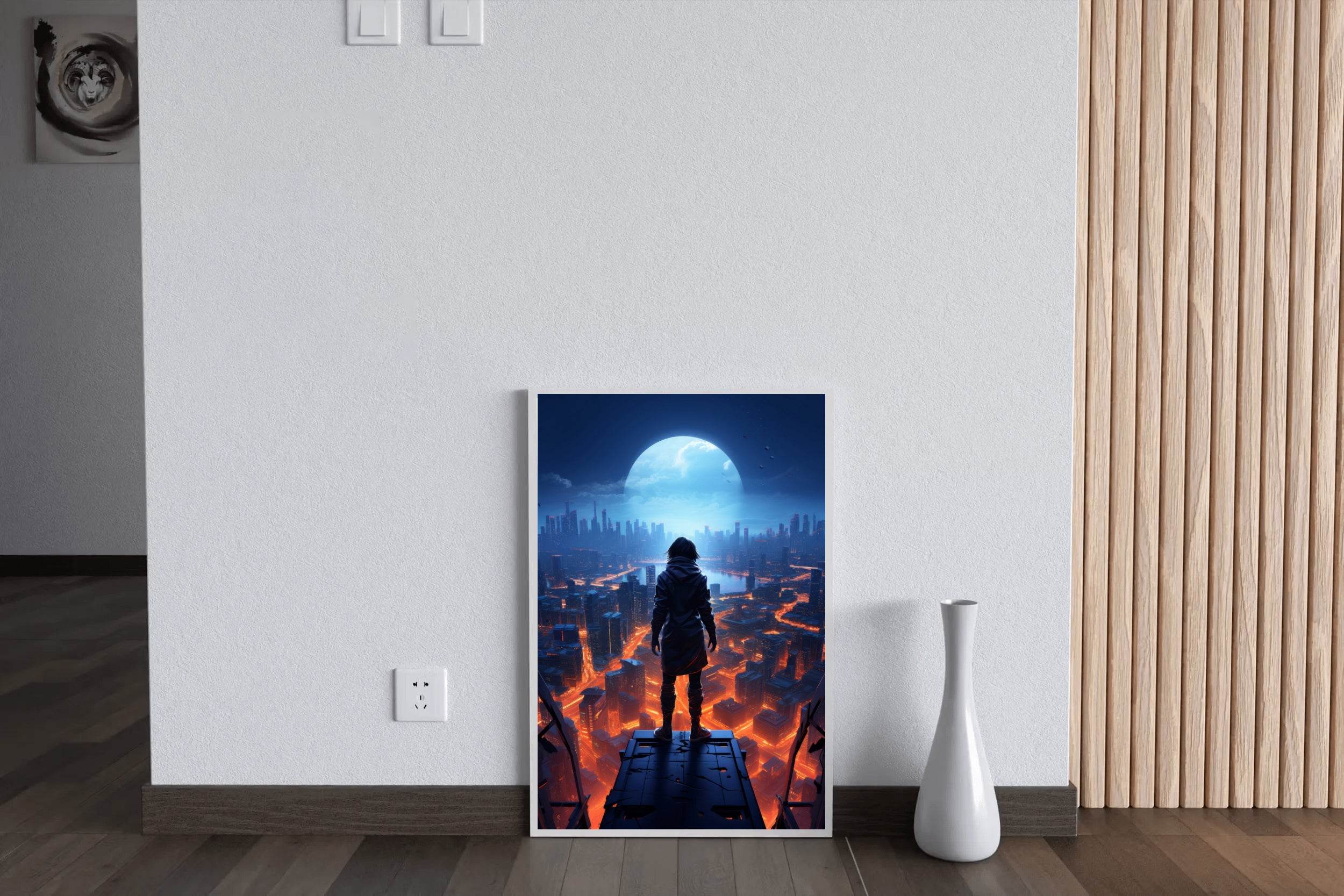 Man Stands On a Ledge Looking At a Cityscape Anime Wall Art - beink online art store