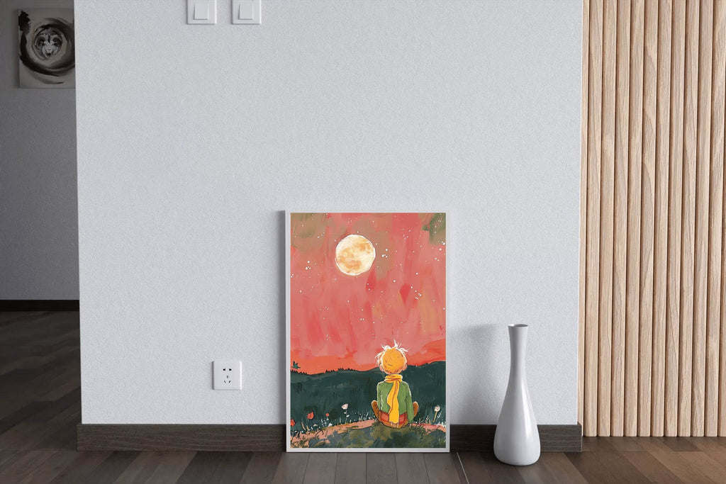 Brushed Illustration of a Boy Watching the Moon - beink online art store