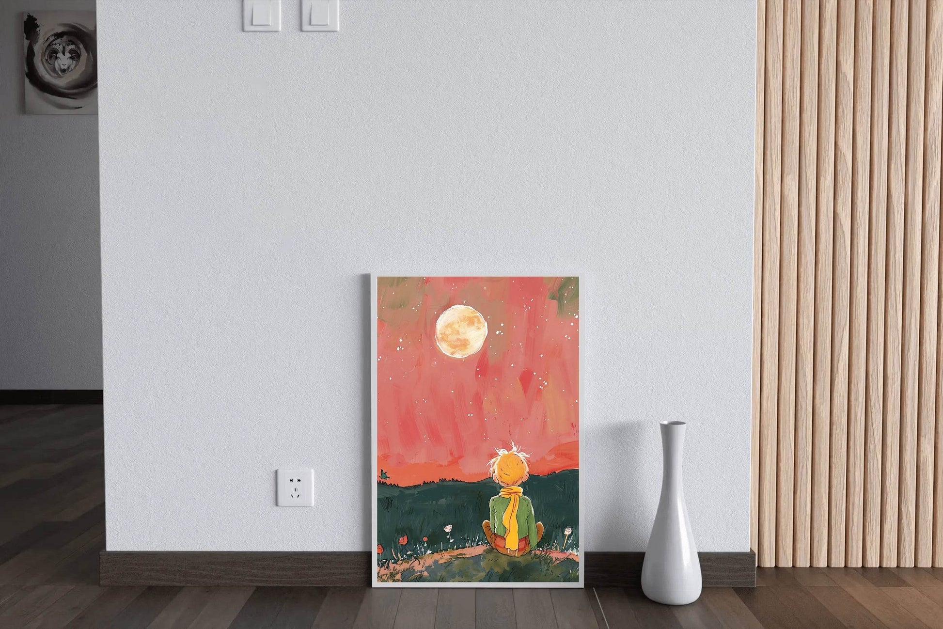 Brushed Illustration of a Boy Watching the Moon - beink online art store
