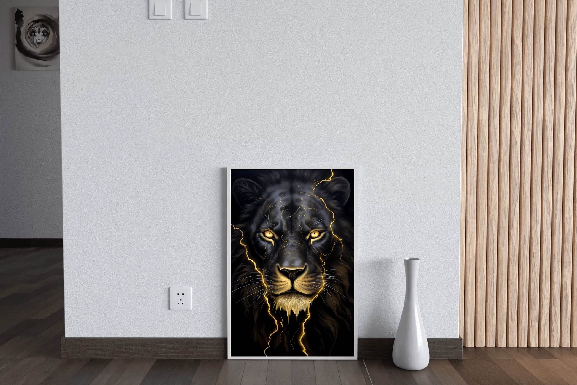 Black Color Neon Line Painting of Lion - beink online art store