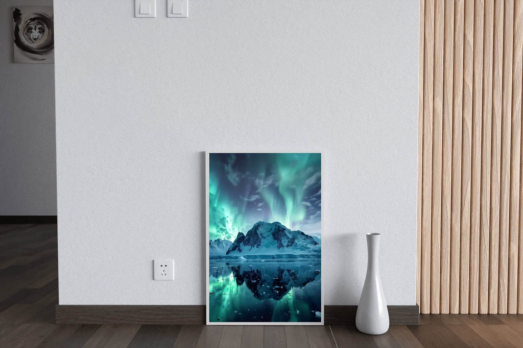 Green Northern lights in the Sky Over Snow Mountain Wall Art - beink online art store