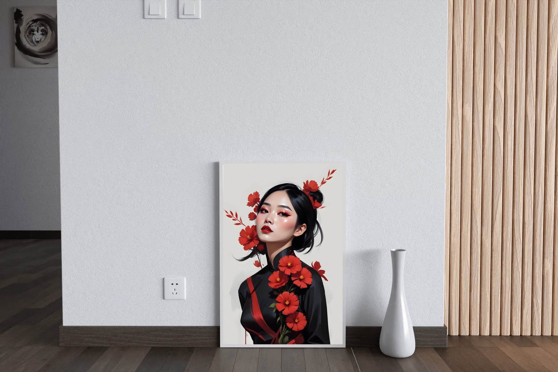 Asian Lady with Traditional Dress with Red flower Wall Art - beink online art store
