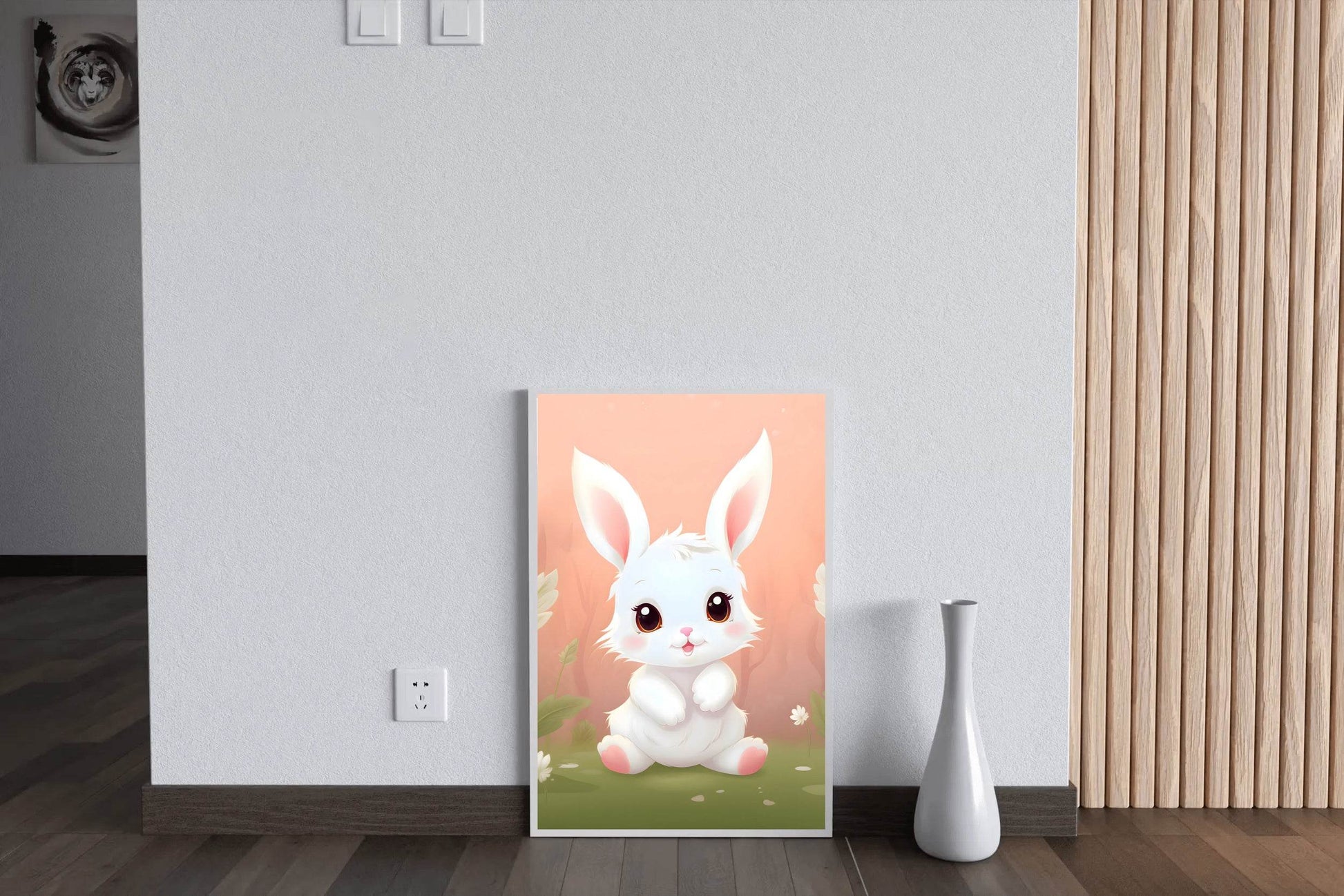 Cute Little White Cartoon Bunny Sitting on the Grass - beink online art store
