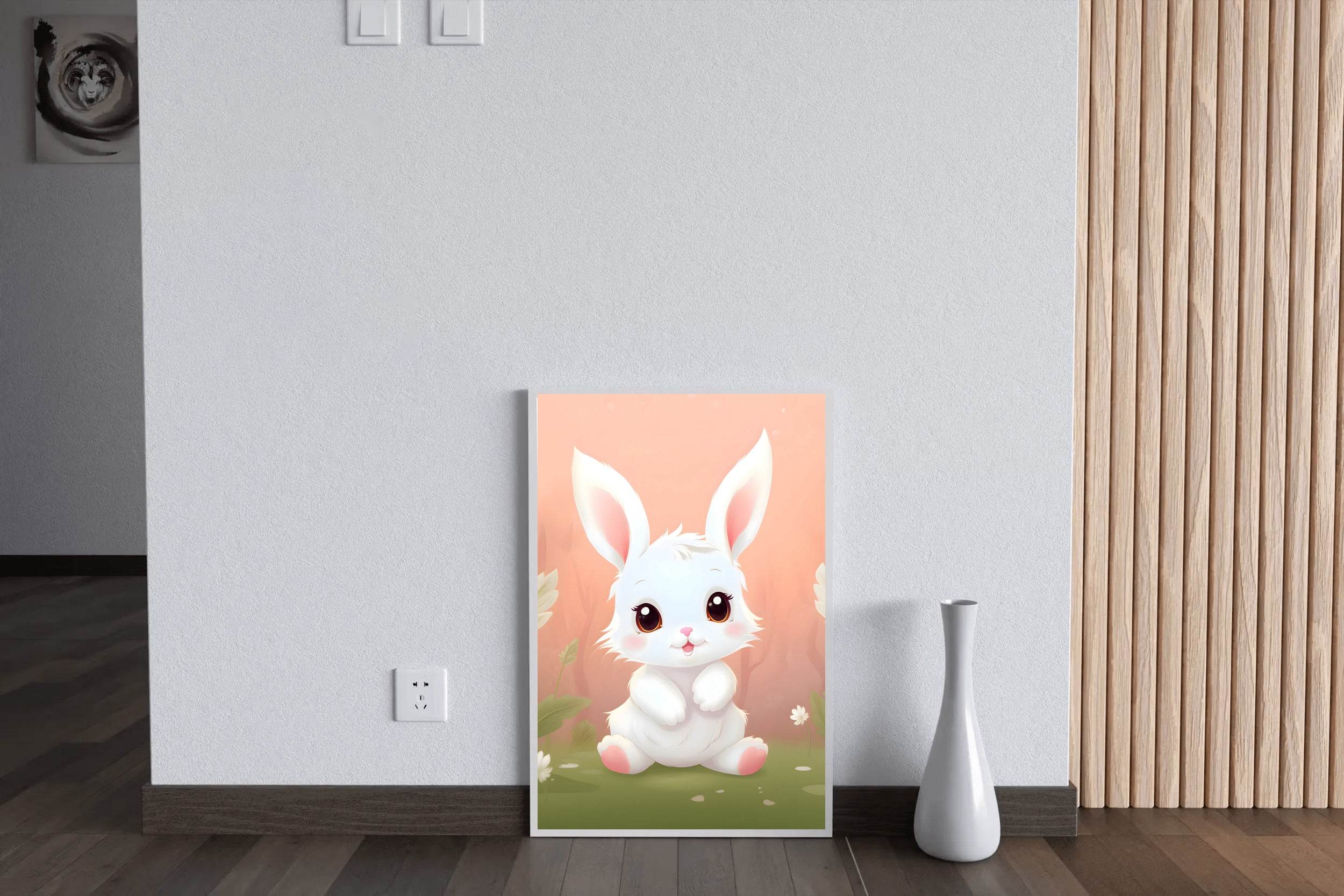 Cute Little White Cartoon Bunny Sitting on the Grass - beink online art store