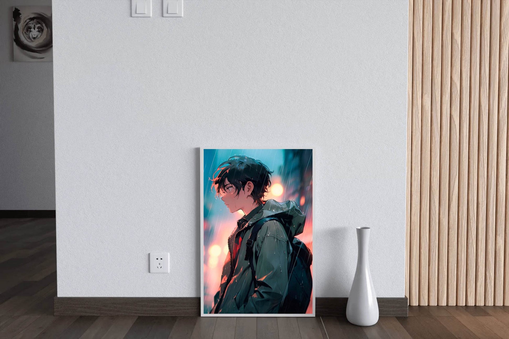 Anime Boy with backpack In street In The Rain Anime Wall Art - beink online art store