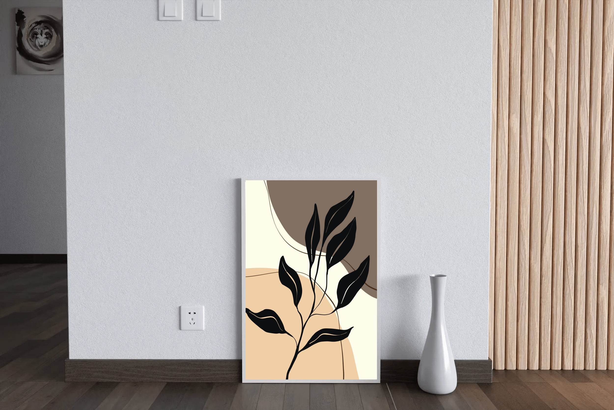 Black Leaves on a Stylized Foliage in Beige tones ArtWork - beink online art store