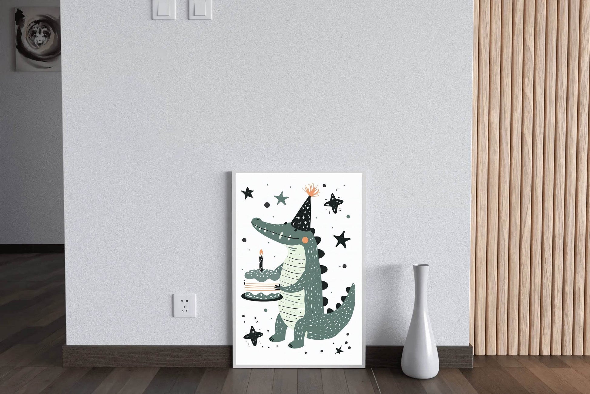 Cartoon Alligator Holding Cake Wall Art - beink online art store