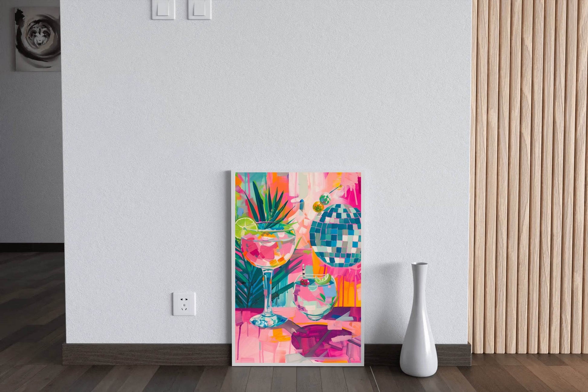 Painting of a Cocktail and Glasses with a Palm Tree in the Background Wall Art - beink online art store