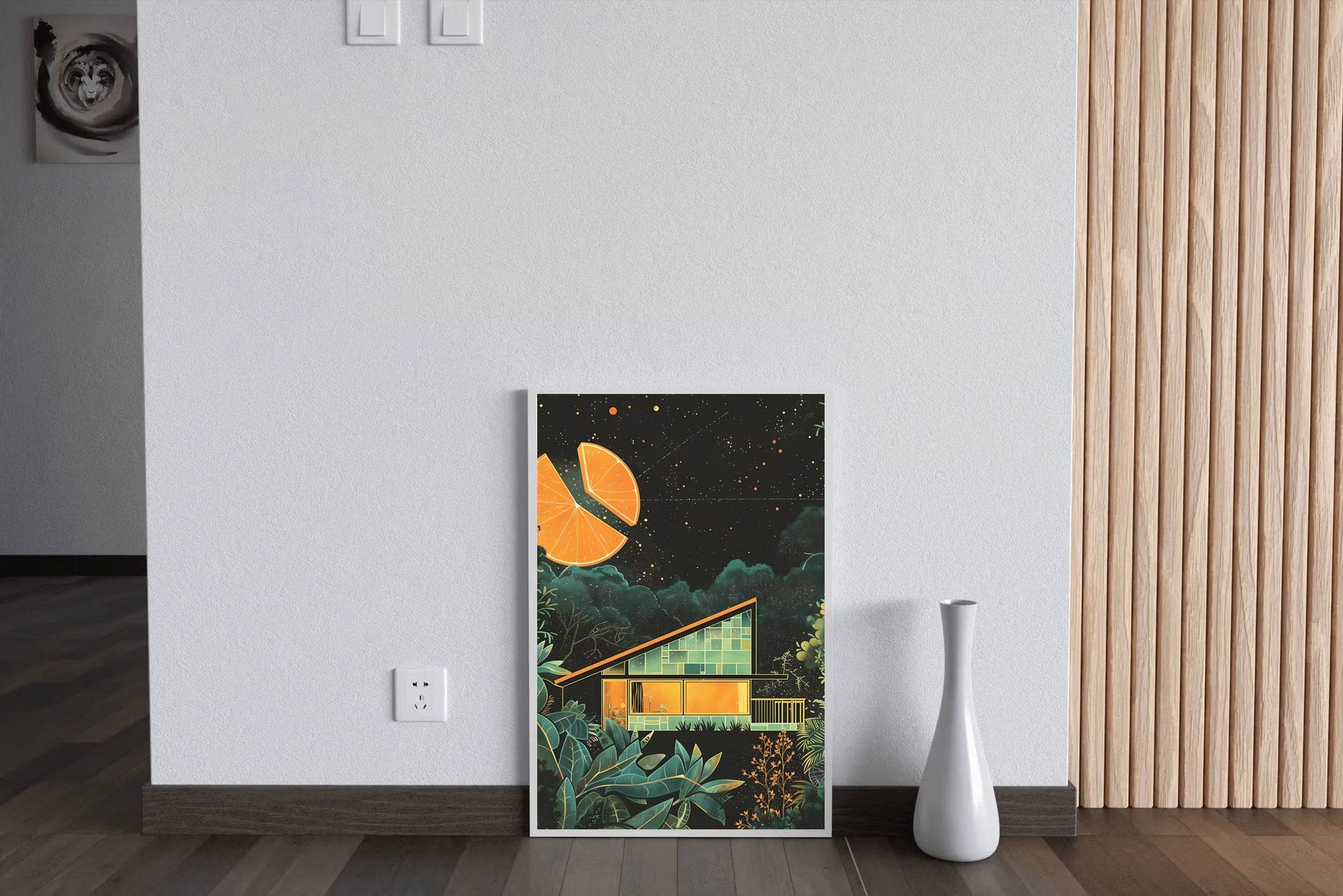 Drawing of A Wooden Hut With A Cut Background of Oranges Wall Art - beink online art store