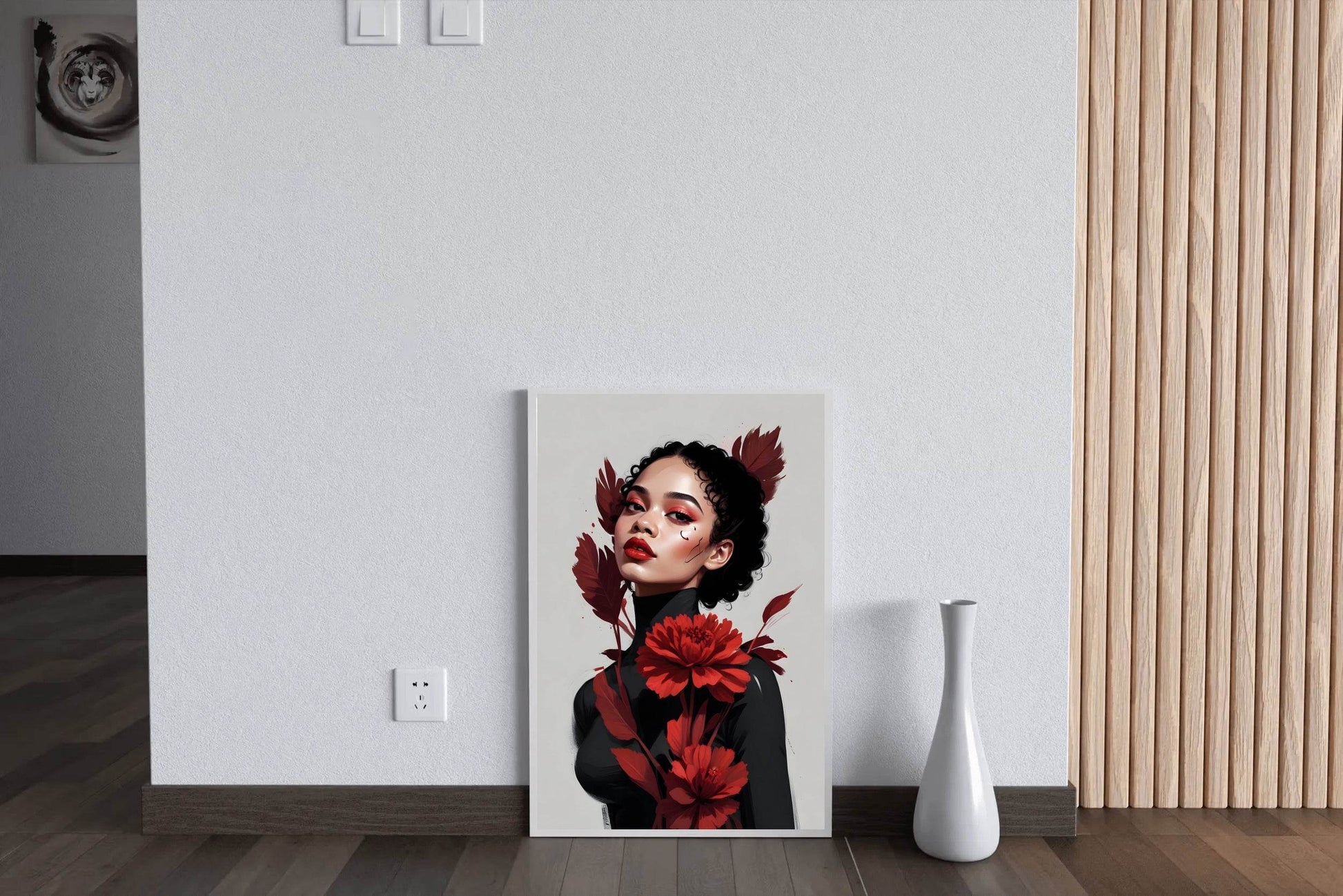 Lady with Curly Hair and Red Flower Wall Art - beink online art store