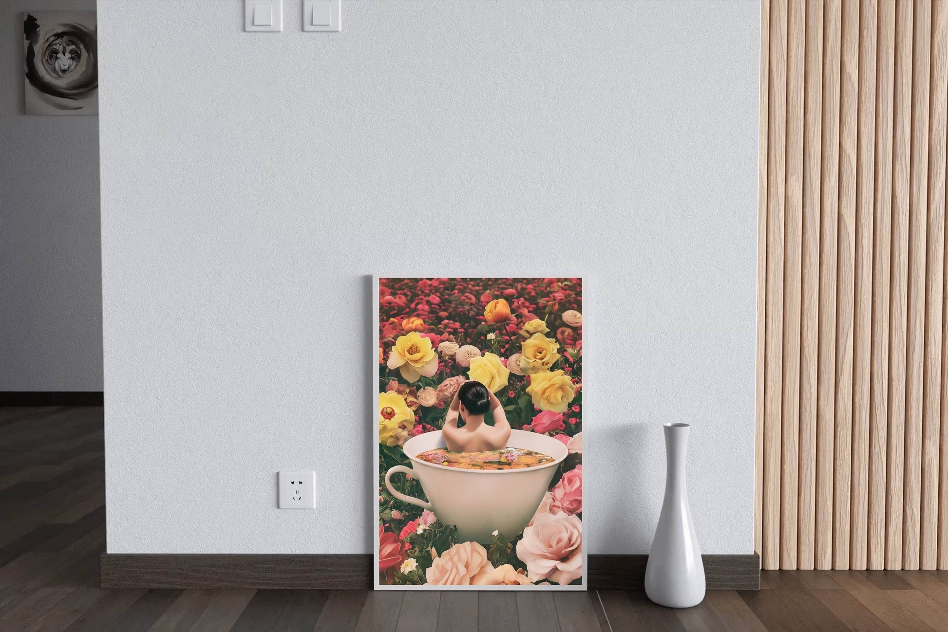 Woman in Tea Cup With Flower Background Wall Art - beink online art store