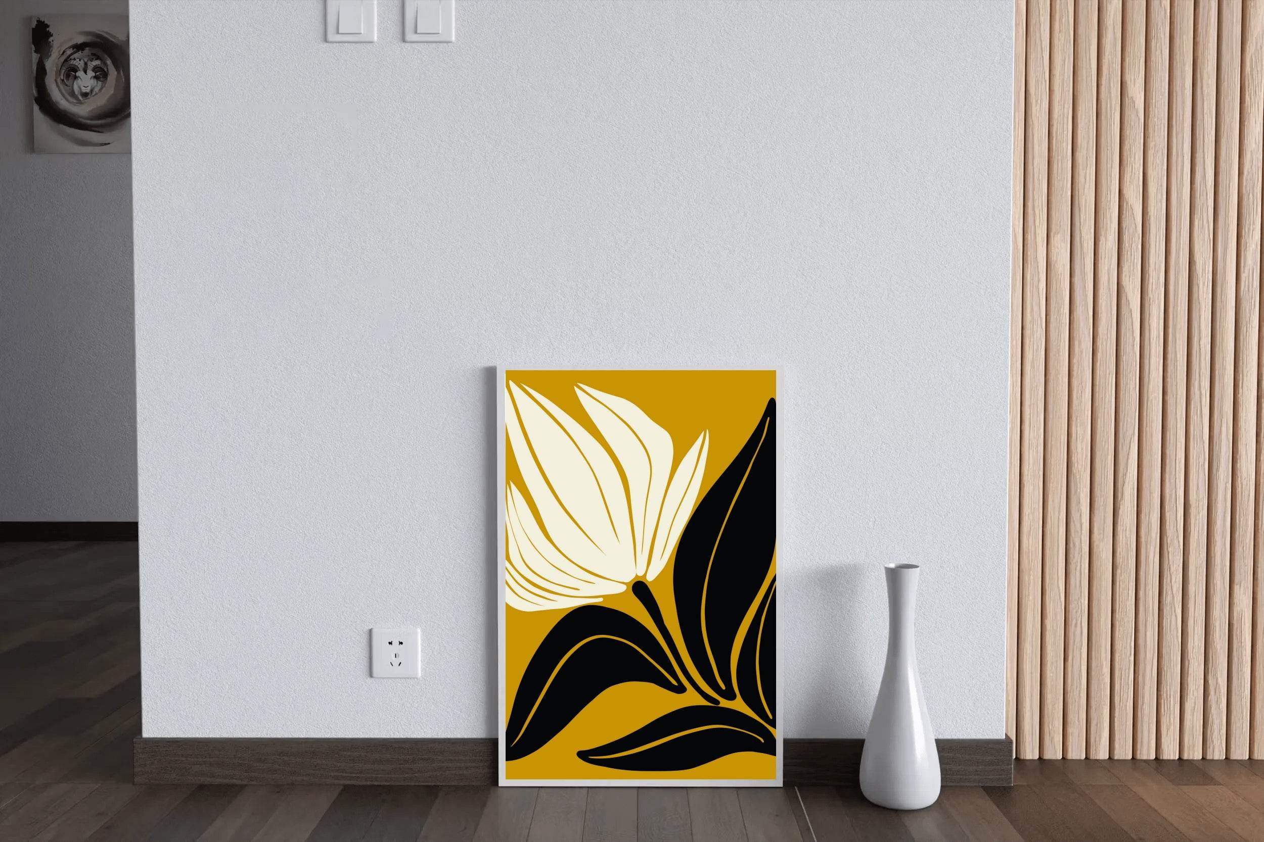 Stylized Flower Black and White on Gold ArtWork - beink online art store